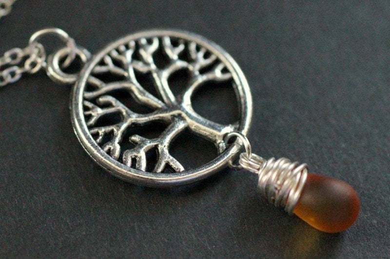 Baum Halskette. Silberne Des Lebens Draht Gewickelt Frosted Honig Teardrop Handmade Schmuck von TheTeardropShop