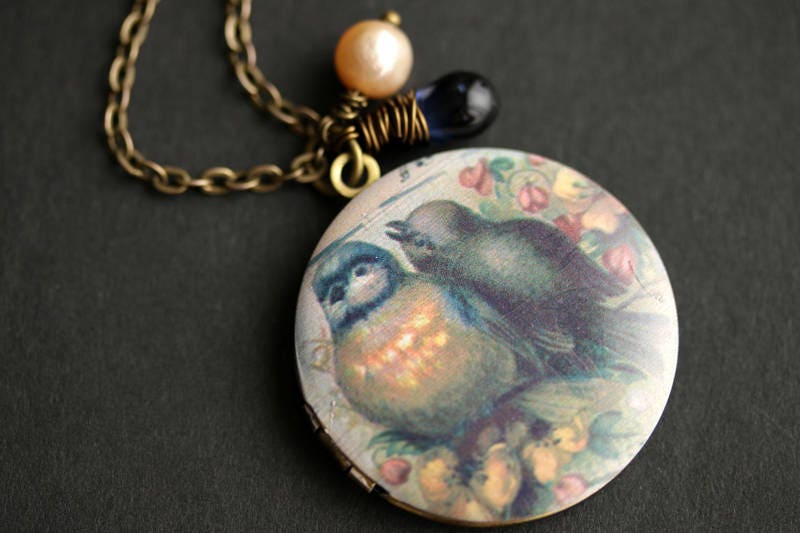 Braune Vögel Locket Halskette. Vogel Halskette Mit Dunkelblauem Teardrop Und Pfirsich Perlenanhänger. Bronze-Medaillon. Handmade Schmuck von TheTeardropShop