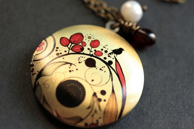 Florale Halskette. Rote Flourish Floral Medaillon Halskette Mit Draht Gewickelt Teardrop Und Perle. Bronze Kette. Handmade Schmuck von TheTeardropShop