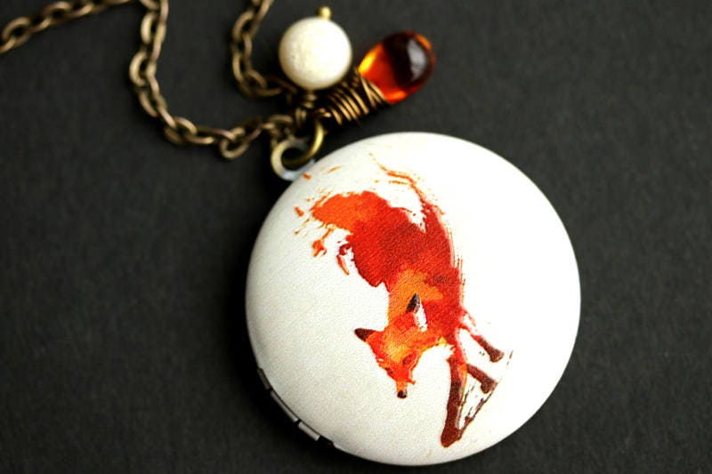 Fuchs Locket Halskette. Rotfuchs Halskette Mit Glastropfen Und Süßwasserperle. Vixen Bronze-Medaillon. Handmade Schmuck von TheTeardropShop