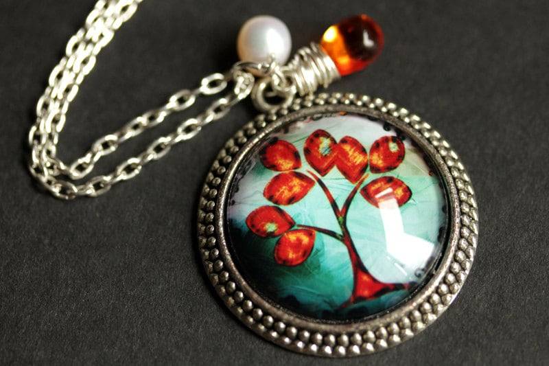 Herbst Baum Halskette. Orangenbaum Anhänger Mit Süsswasser Perle Und Glastropfen. Orange Türkis Handgemachte von TheTeardropShop