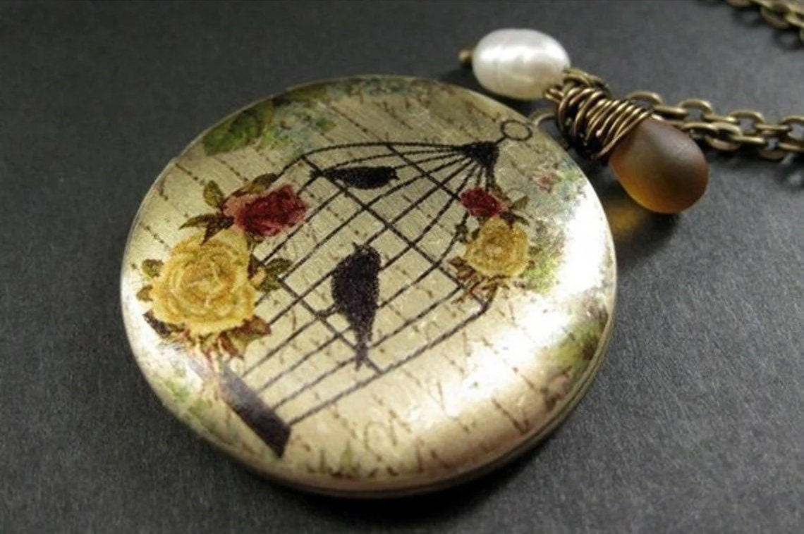 Medaillon Halskette. Halskette Mit Herbst Rosen Und Vogelkäfig Honig Träne Perle. Handmade Schmuck von TheTeardropShop
