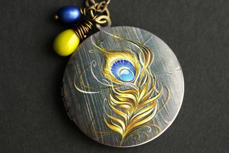 Pfauenfeder Locket Halskette. Halskette Mit Glastropfen Und Süsswasserperle. Pfau Bronze Kette von TheTeardropShop