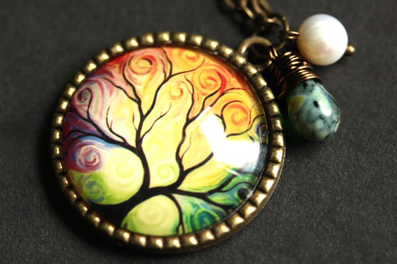 Regenbogen Baum Halskette. Bronze Anhänger. Handgemachte Halskette Mit Türkis Teardrop Und Süsswasserperle. Kette. Handmade Schmuck von TheTeardropShop