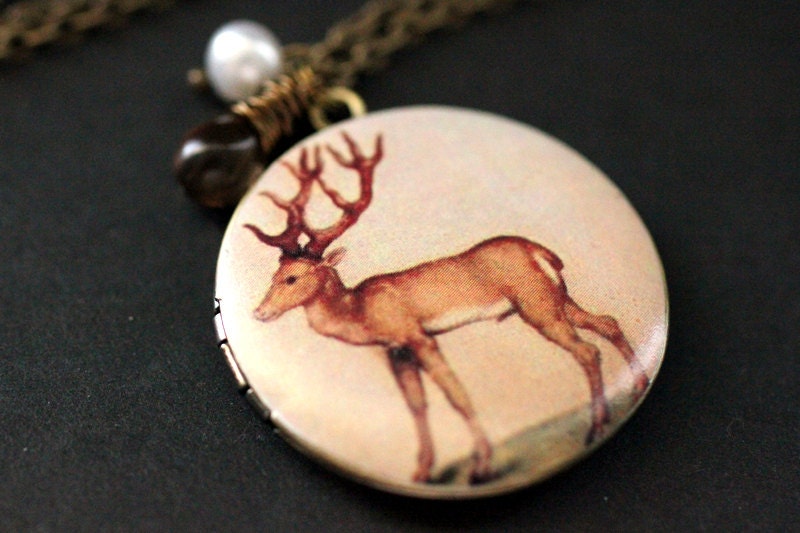 Reh Halskette. Deer Locket Wald Bronze Kette Mit Braunen Glas Tropfen Und Perle. Bronze-Medaillon. Handmade Schmuck von TheTeardropShop