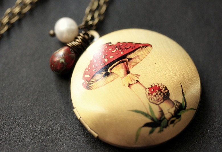 Roter Pilz Halskette. Krötenhocker Medaillon Halskette Gnom-Home-Medaillon. Bronze Kette Mit Träne Und Perle. Handmade Schmuck von TheTeardropShop