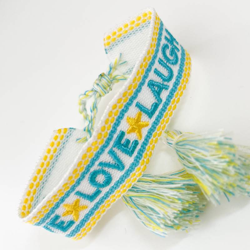 Live Love Laught Stoffarmband - Besticktes Armband | Webarmband Mit Schrift Boho Ibiza Style Liebe Kreativlädchen Jani von TheThreeOnlineshop