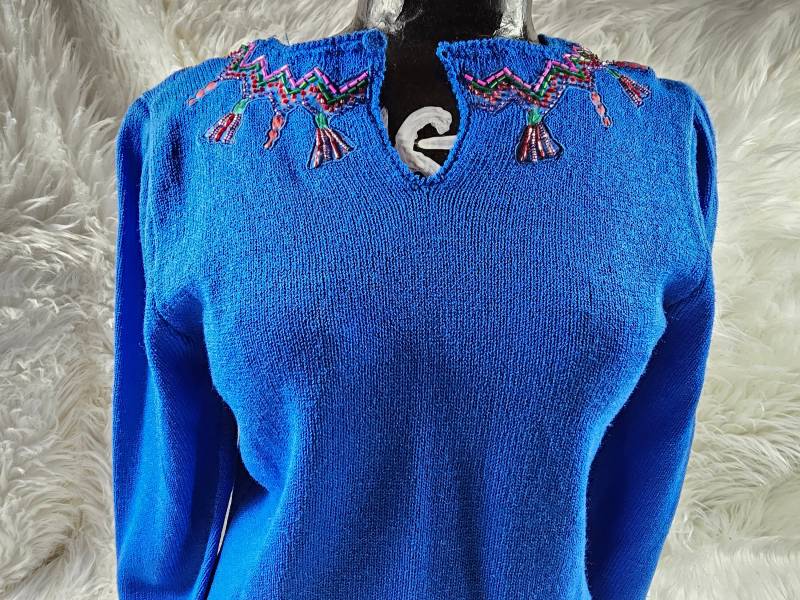 Vintage Anne Crimms For Uni Collection - Blauer Squeuin Aztec Vibes Pullover Größe Medium Bestickt Und Verziert von TheThriftyGypsyy