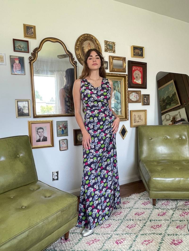 1930S Navy Florales Tankkleid Mit Verdeckten Knöpfen Größe Klein von TheThrillVintage