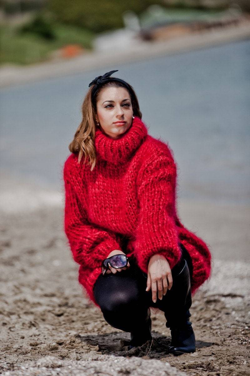 Dicker Mohair Pullover - Handgestrickter Flauschiger Übergroßer Grobstrick Rollkragenpullover T44 von TheTiffyMohair