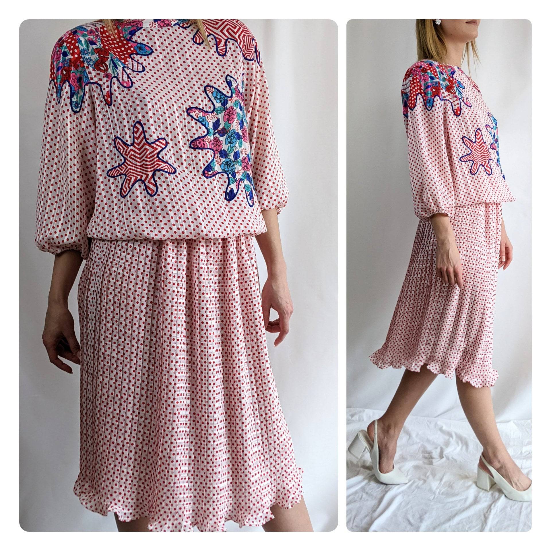 Echtes Vintage-Kleid Von Diane Freis Aus Den 1980Er Jahren Mit Weißen Polka Dots, Abstrakten, Extravaganten Applikationen, Midi-Chic-Kleid, Größe S/M Echtes Vintage-Kleid Von Diane Freis Aus Den 1980Er Jahren Mit Weißen Polka Dots, Abstrakten, Extravaganten Applikationen, Midi-Chic-Kleid, Größe S/M von TheUglyJumperClub
