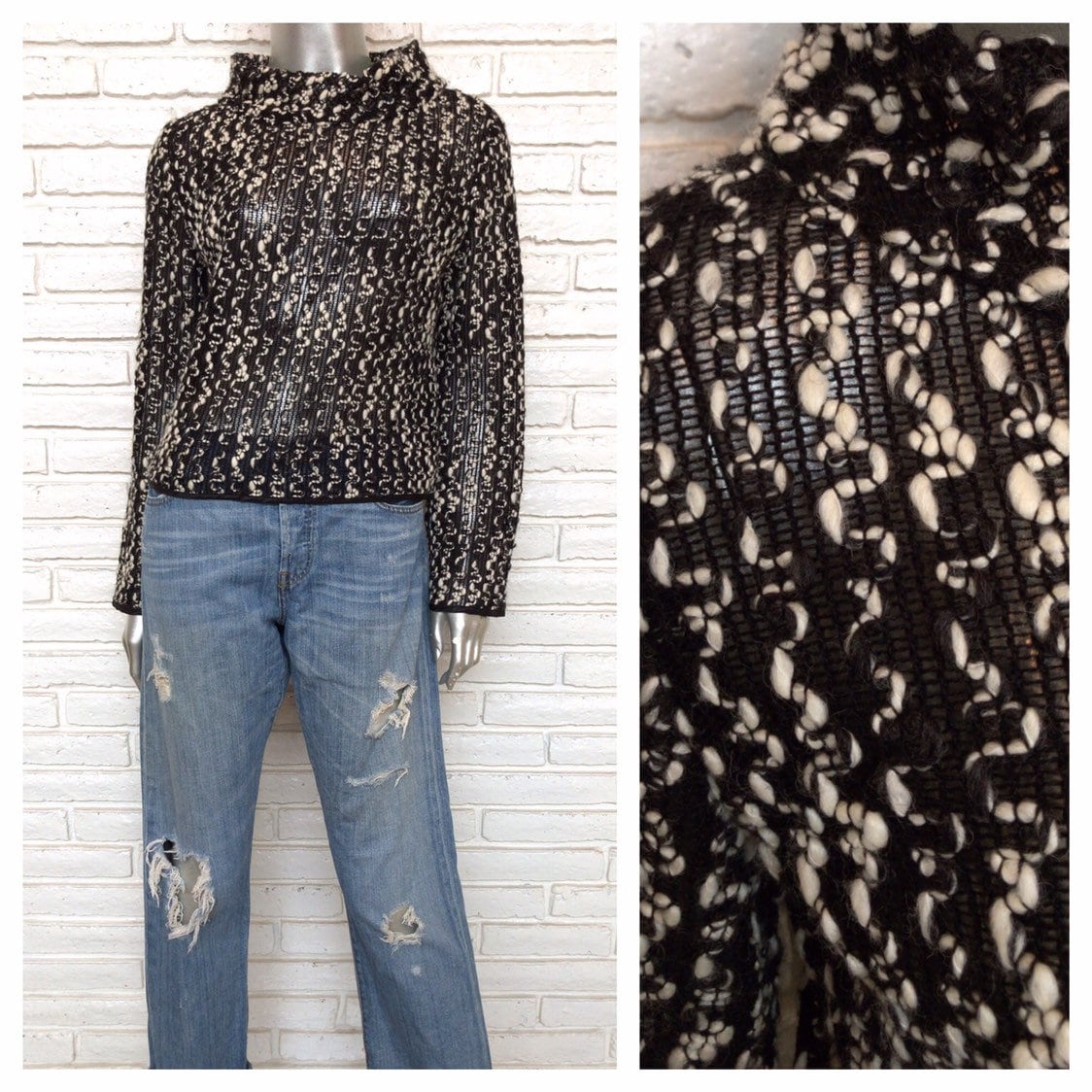 Vintage Ferre Studio Schwarz Weiß Strick Häkelpullover Cropped Faux Rollkragenkragen Größe 10 M/L Made in Italy von TheUnapologeticSoul