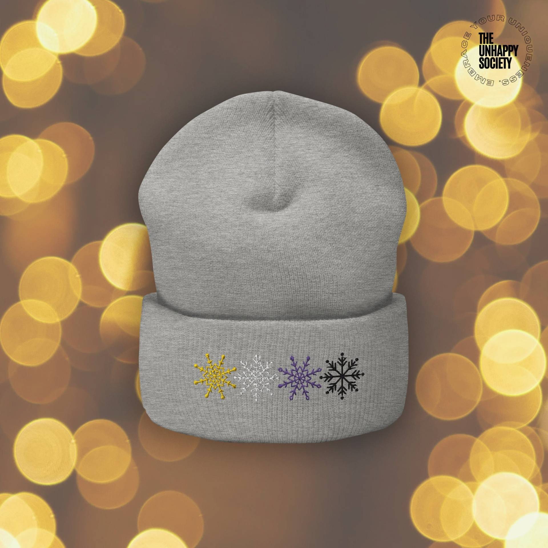 Subtle Non Binary Beanie, Embroidered Beanie Nonbinary Flag Christmas Snowflakes Pride Enby Gifts von TheUnhappySociety