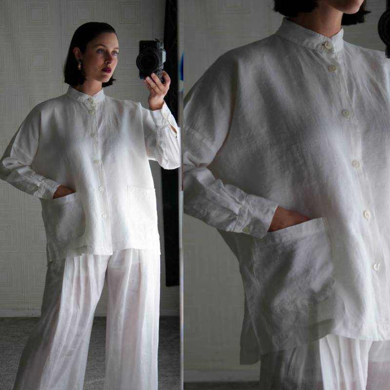 Eskandar Elfenbein Abgeschnitten Boxy Fit Leinen Bandkragen Button Up Bluse W/Aufgesetzte Taschen | 100% 2000Er Jahre Y2K Designer Crop Top von TheVault1969