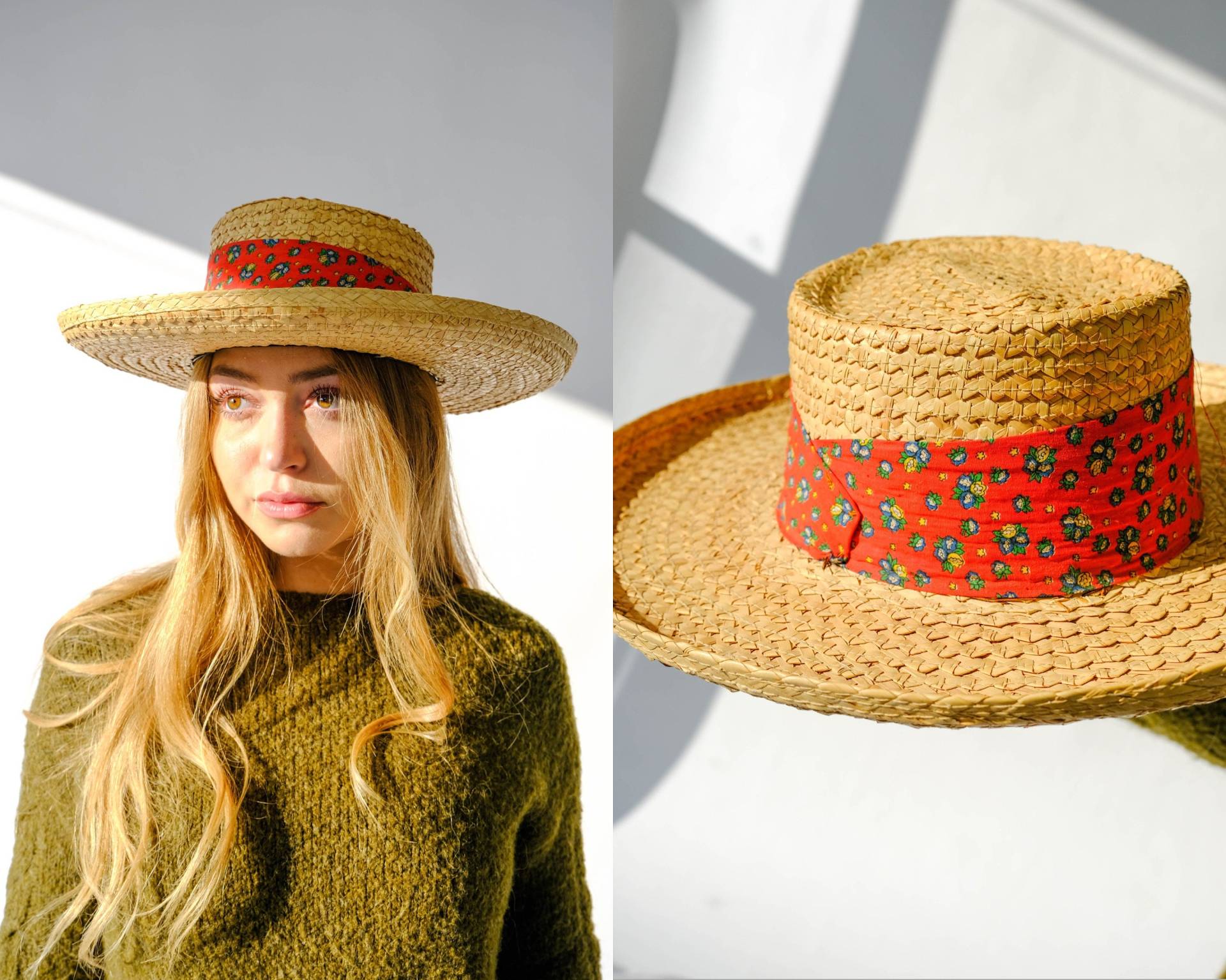 Vintage 60Er Elegante De Lujo Natur Stroh Breit Krempe Schwein Pie Hut Mit Baumwolle Floral Stirnband | Unisex, Boho Jahre Designer Sun Fedora von TheVault1969