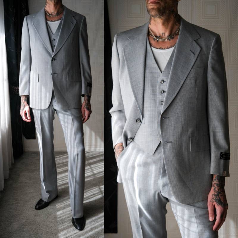 Vintage 70Er Jahre Christian Dior Baby Blau Karo Drei Teiliger Breiter Revers Schlaganzug Ungetragen W/Tags | 100% Wolle Hergestellt in Den Usa von TheVault1969