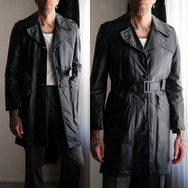 Vintage 70Er Jahre Schwarz Leder Gürtel Notch Revers Mantel | 100% Echtes Mod, Disco Ära 1970Er Designer Herren Lederjacke von TheVault1969