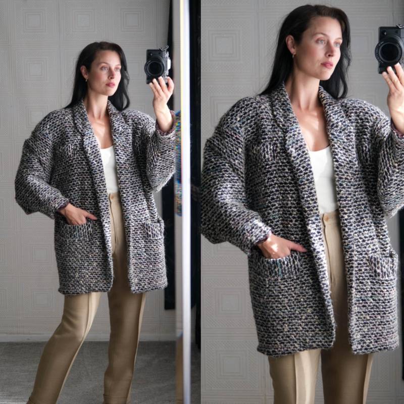 Vintage 80Er Jahre Pastell Toned Salt & Pepper Boucle Drop Schulter Kerbe Revers Auto Mantel | Avantgarde 1980Er Nubby Entspannte Damenjacke von TheVault1969