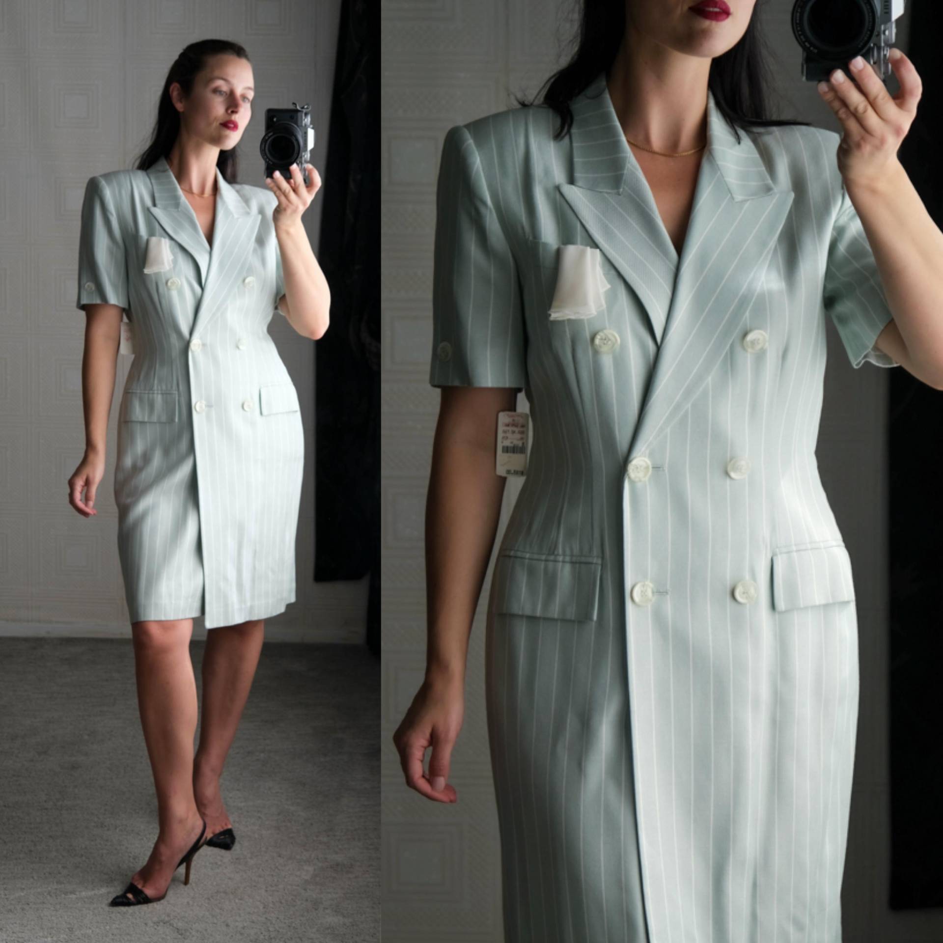 Vintage 90Er Jahre Kasper Light Sage Gestreiftes Zweireihiges Power Blazer Kleid Ungetragen Mit Lord & Taylor Tags | 1990Er Designer Duster Jacken von TheVault1969