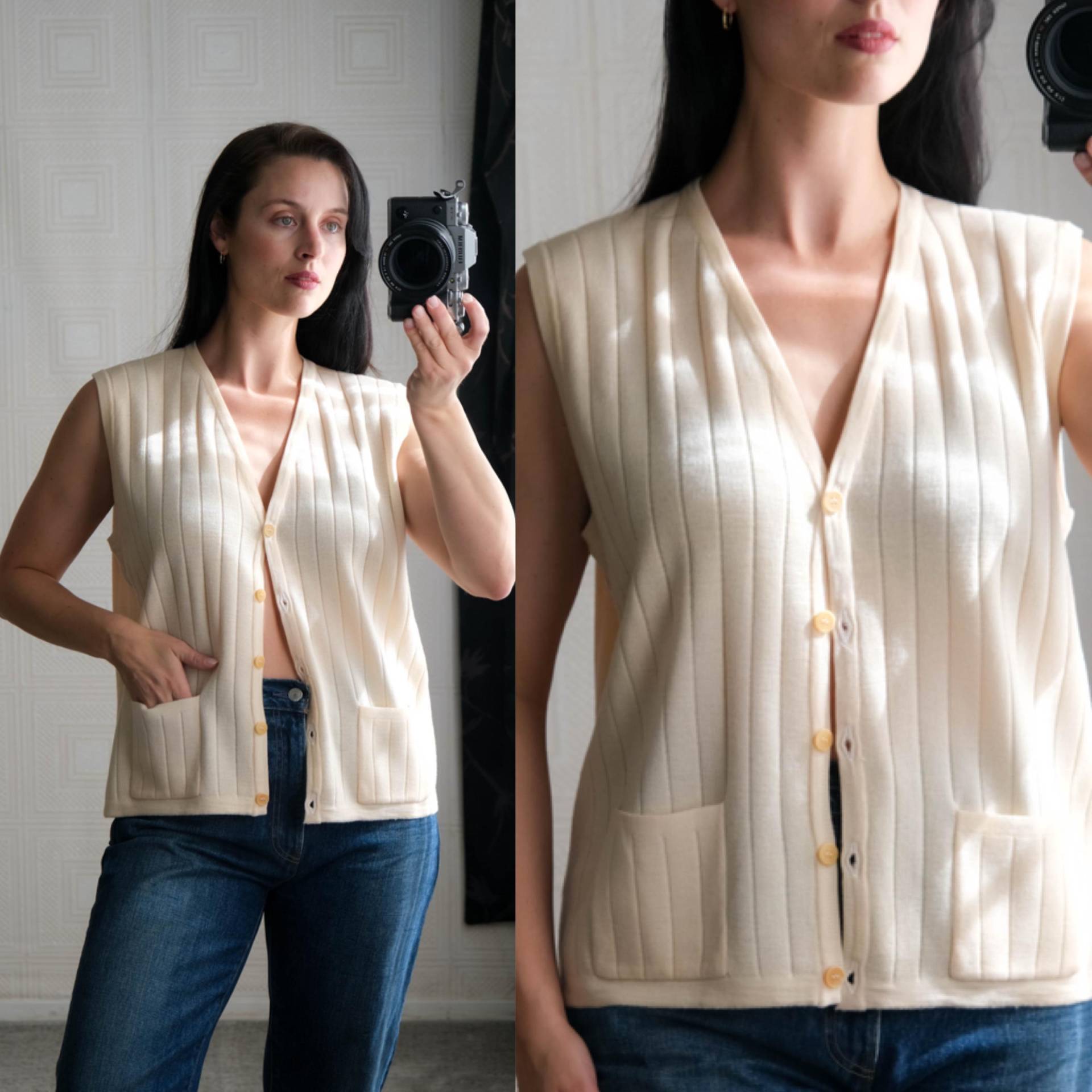 Vintage 90Er Jahre Lands End Creme Gerippte Streifen Merino Wolle Boxy Strickjacke Weste | Hergestellt in Den Usa 100% Merinowolle 1990Er Designer von TheVault1969