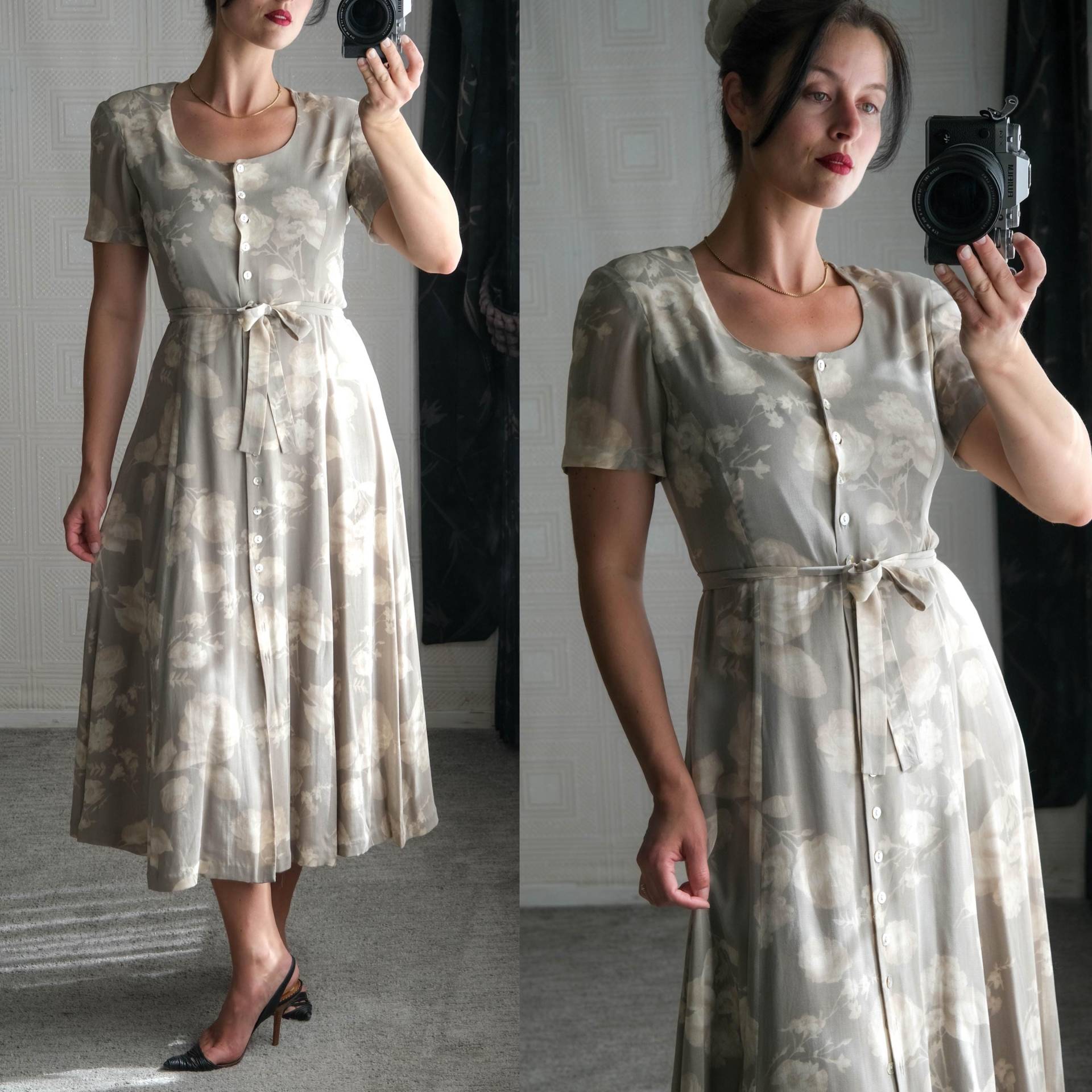Vintage 90Er Jahre Liz Claiborne Light Sage Diffused Floral Print Vollständig Geknöpft Und Gürteled Maxi Kleid | 100% Viskose 1990Er Designer von TheVault1969