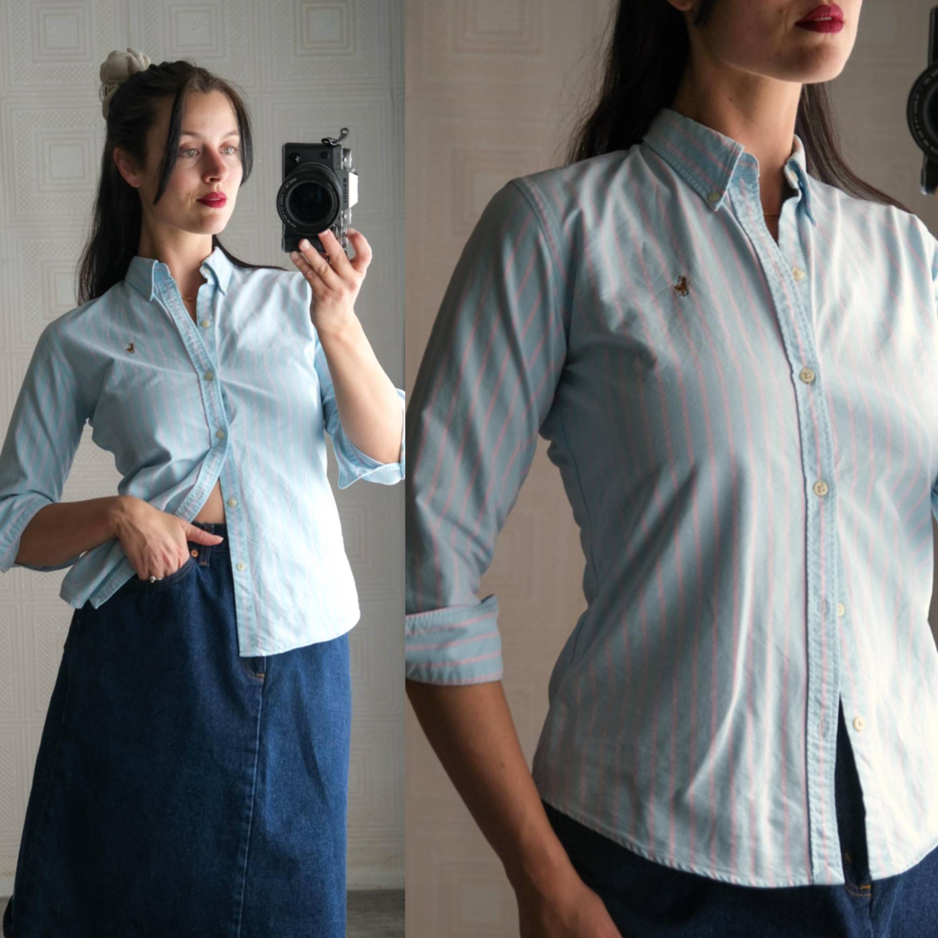 Vintage 90Er Jahre Ralph Lauren Blue Label Baby Blau & Rosa Armband Ärmel Oxford Hemd | 100% Baumwolle Hergestellt in Hongkong 1990Er Rl Designer Top von TheVault1969