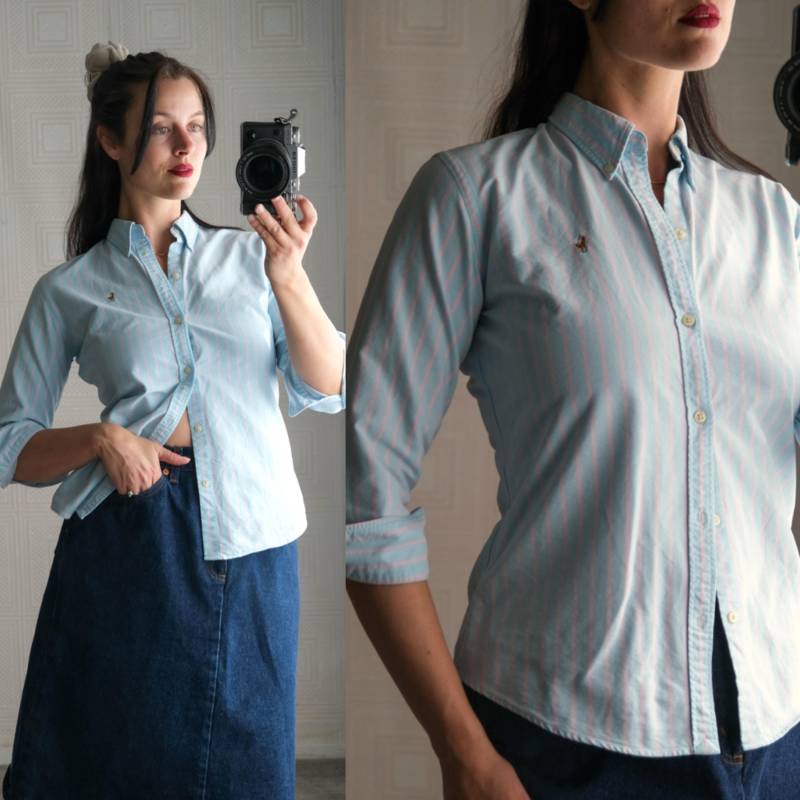 Vintage 90Er Jahre Ralph Lauren Blue Label Baby Blau & Rosa Armband Ärmel Oxford Hemd | 100% Baumwolle Hergestellt in Hongkong 1990Er Rl Designer Top von TheVault1969