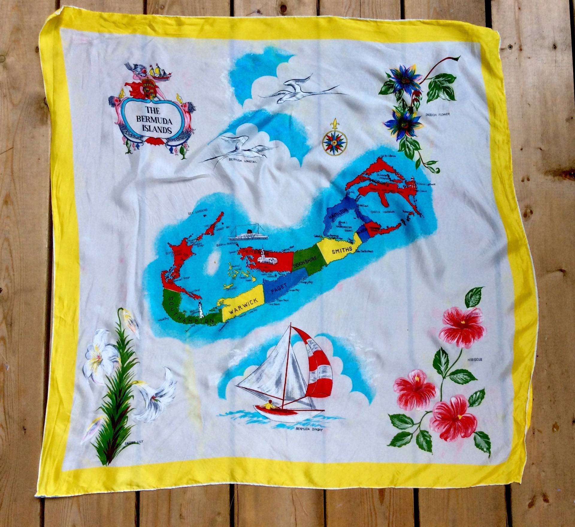 Jahrgang Bermuda Souvenir Schal Große Weiße Reise Kopftuch Von Hand Bemalt Gerollt High School Muttertagsgeschenk von TheVintageDomain