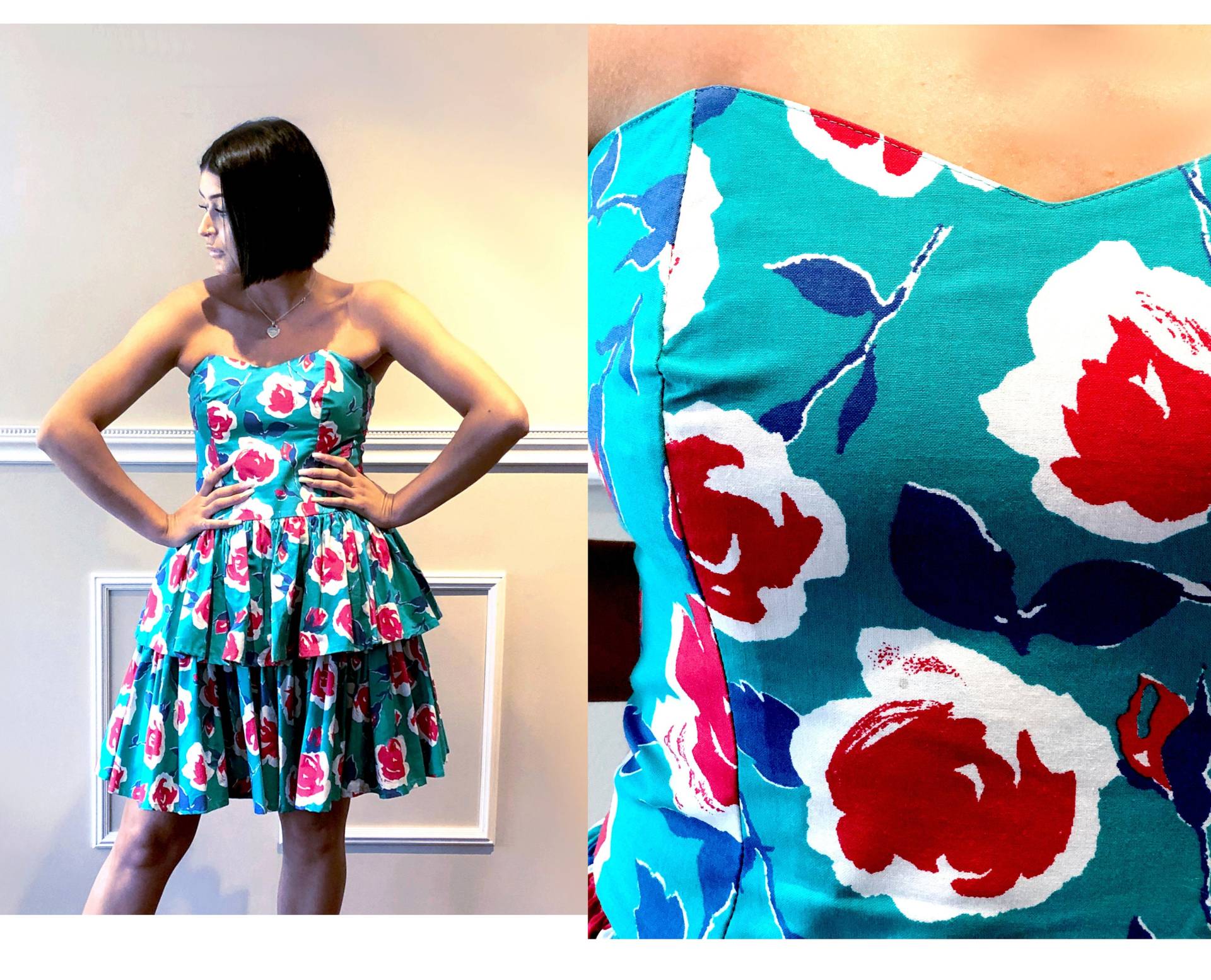 Jahrgang Laura Ashley Kleid 1980Er Jahre Strapless Baumwolle Türkis Blau Und Rot Floral Doppel Flounce Rüschen Prom Frühling M/L Sommer Sonne von TheVintageDomain