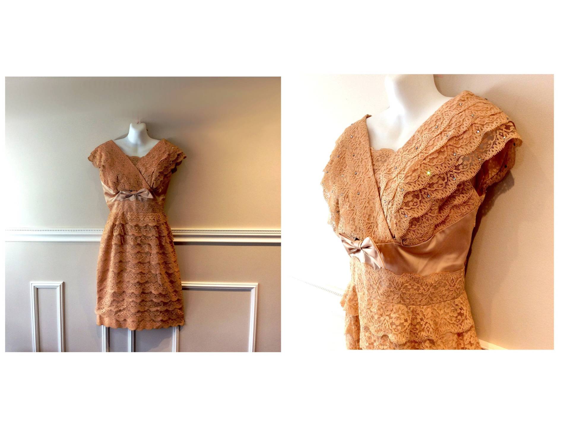 Vintage Spitze Kleid 1960Er Jahre Gefrillt Tiered Party Cocktail Pfirsich Blass Rosa Koralle Mit Strass Se Mieder Und Satin Einfügen Taille S/M von TheVintageDomain