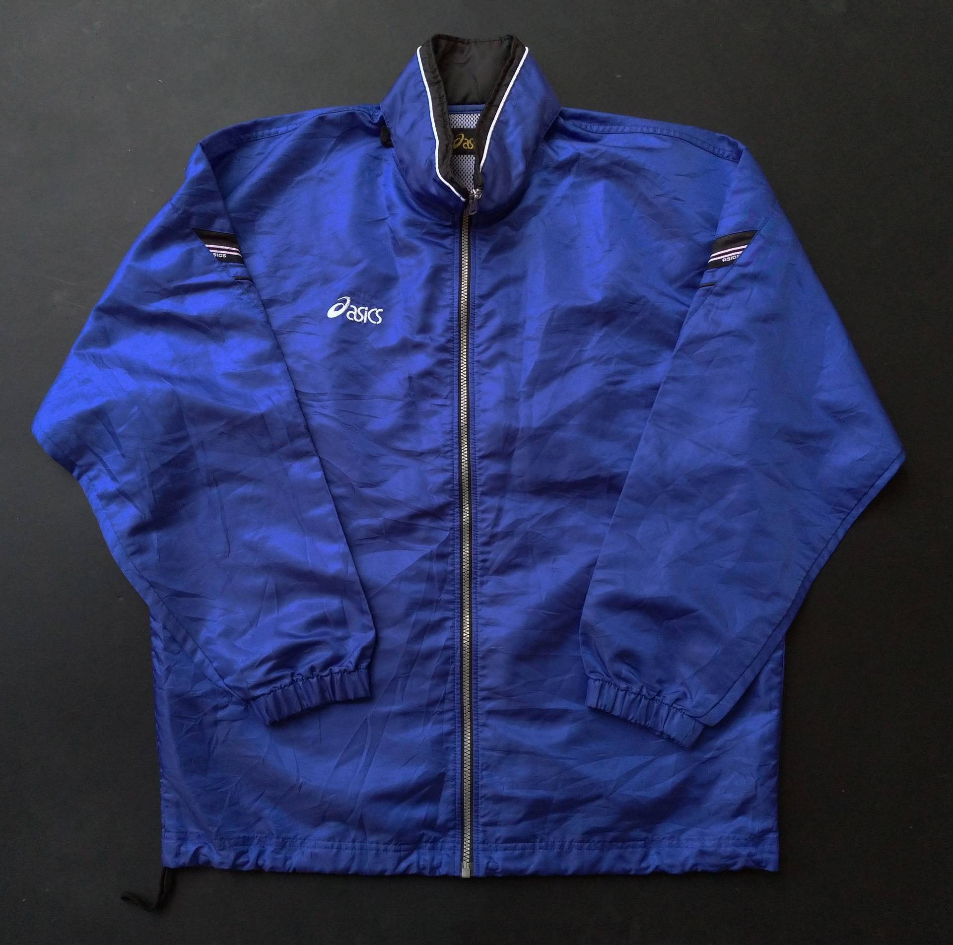 Vintage 90Er Jahre Asics Mens L Buchstabieren Durchgehender Reißverschluss Kapuze Windbreaker Jacke Blau von TheVintageGarment