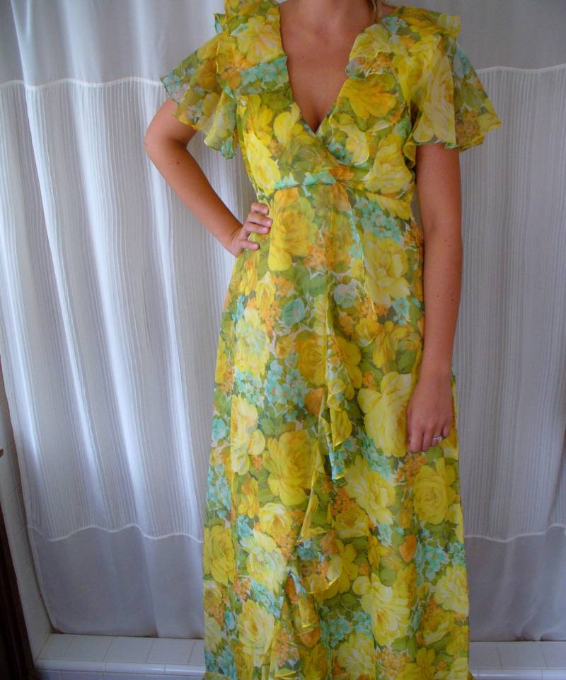 Seltene Vintage 1960S Sommer Gelb Mod Maxi Kleid - Floral Fanta Chiffon Seltene Vintage 1960S Sommer Gelb Mod Maxi Kleid - Floral Fanta Chiffon von TheVintageOMG