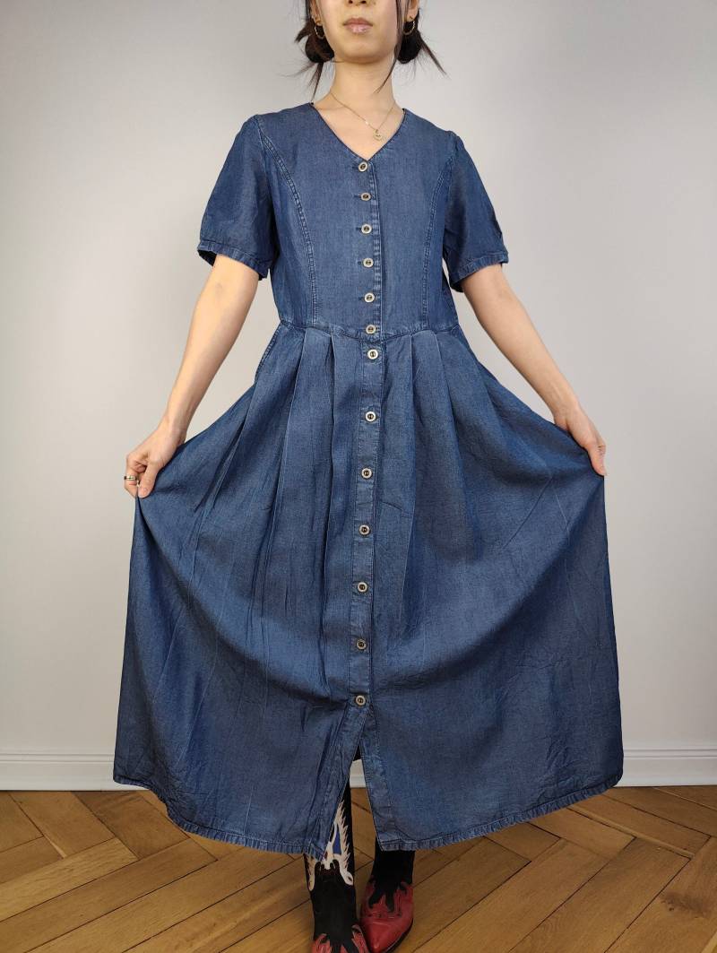 Das Dunkelblaue Maxi-Denim-Shirt-Kleid | Vintage 90Er Jeans Button Down Frühling Sommer Kurzarm Langes Kleid S von TheVintageTakeaway