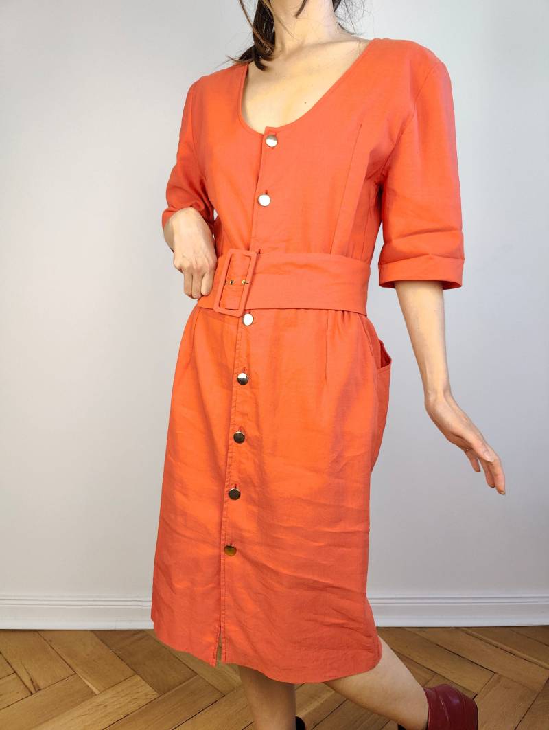 Das Leinen Orange Schlichte Gürtel-Kleid | Vintage Chiara Boni Made in Italy Flachs Leinenmischung Frühling Sommer Midi Kleid M von TheVintageTakeaway
