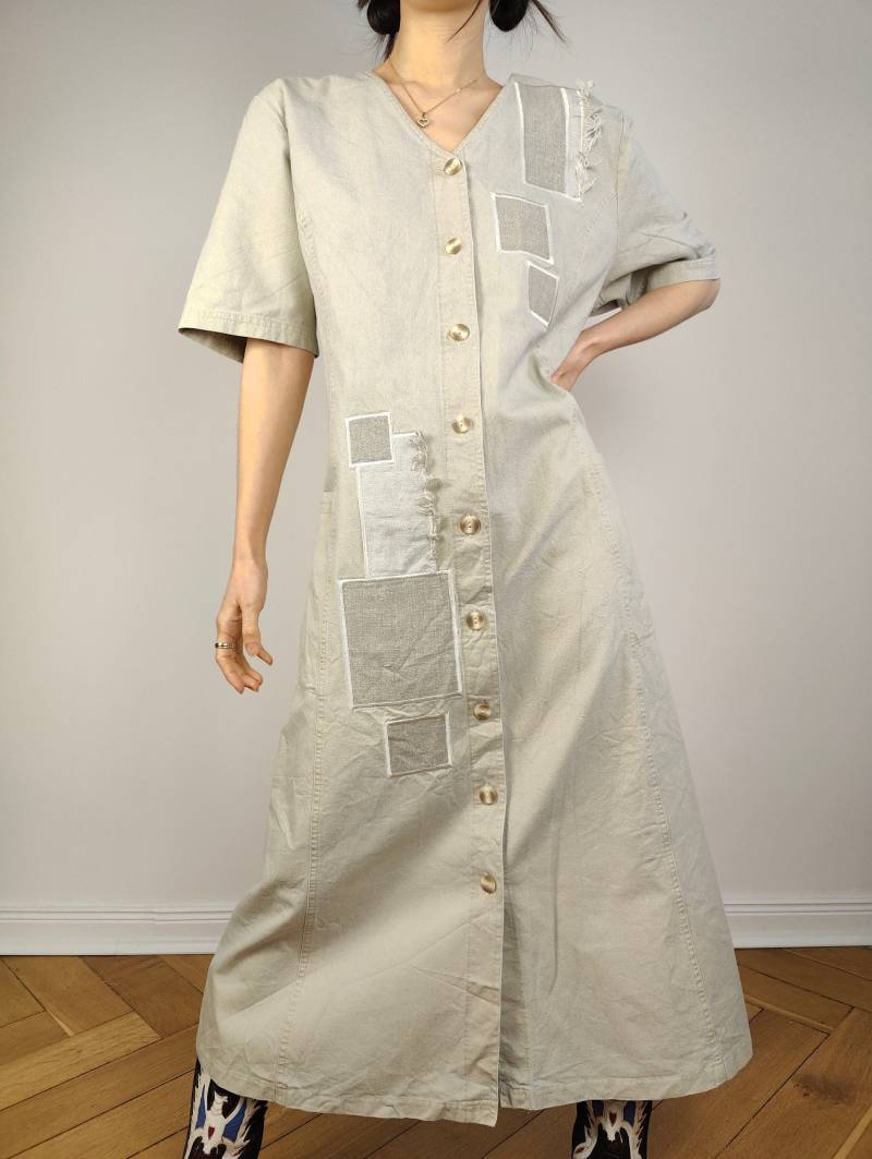 Die Cream Patchwork-Denim-Maxi-Kleid | Vintage 90Er Jahre Beige Jeans Baumwolle Button Down Shirt Frühling Sommer Kurzarm Langes Kleid M-L von TheVintageTakeaway