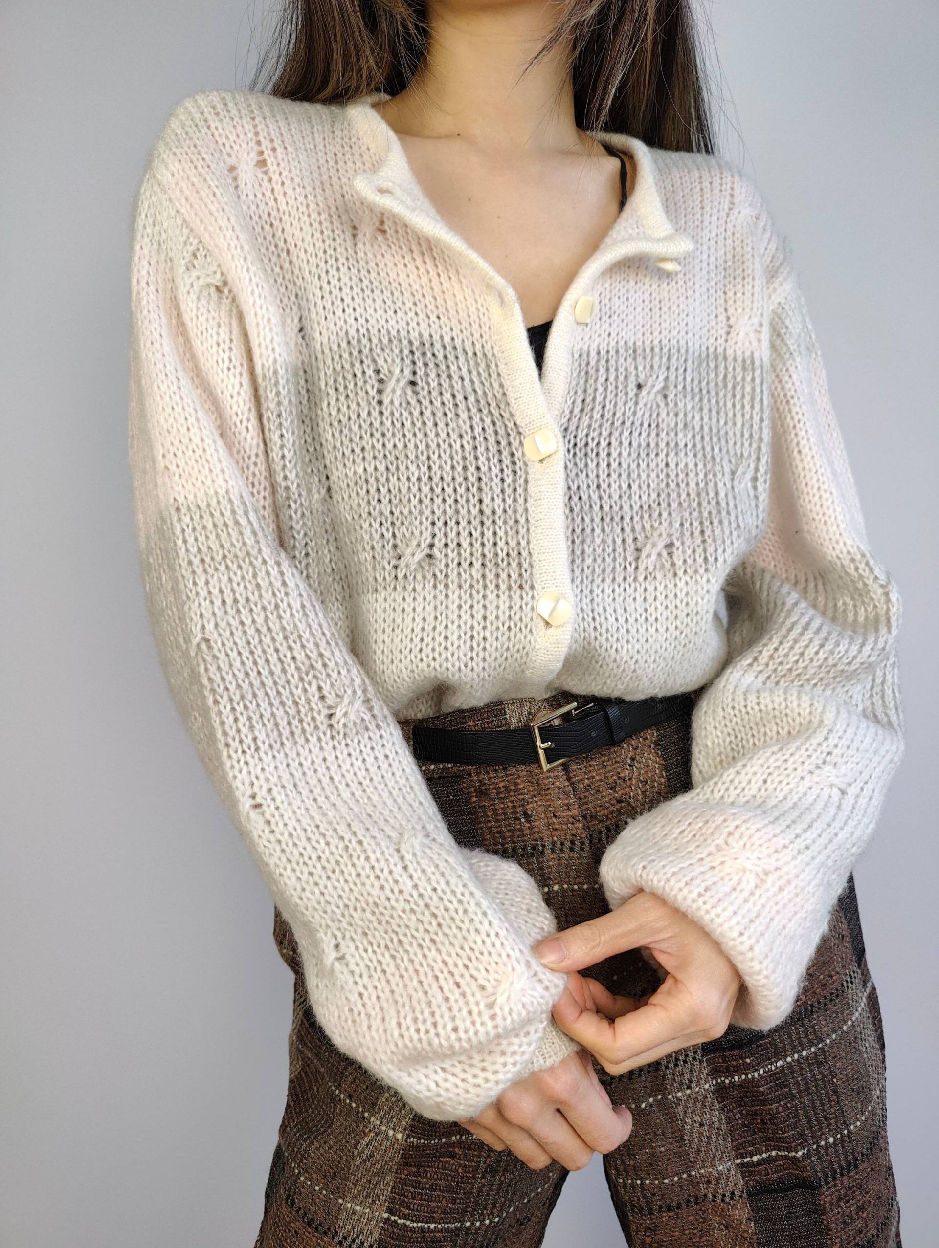 Die Mohair Wolle Weiße Strickjacke | Vintage Maglieria Superkid Wollmix Weiß Creme Rosa Streifenmuster M von TheVintageTakeaway