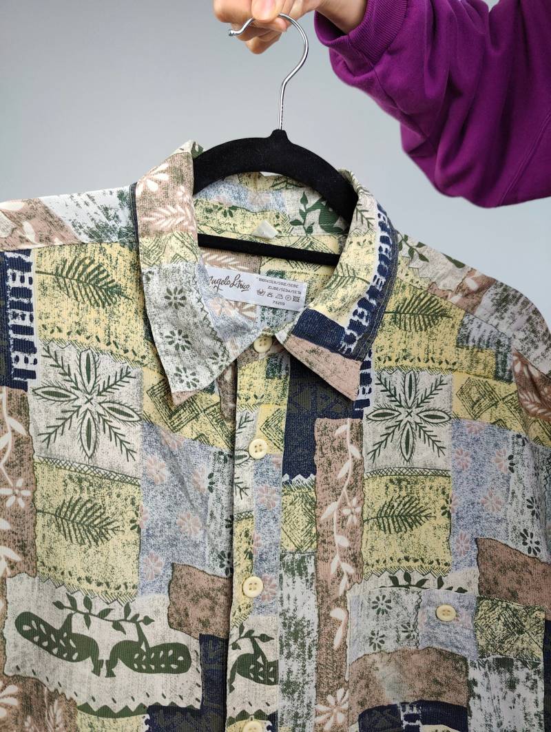 Die Seide Beige Gelb Flicken Muster Shirt | Vintage 90Er Jahre Angelo Litrico 100% Kurzarm Verrückter Print Unisex Herren 41/42 L von TheVintageTakeaway