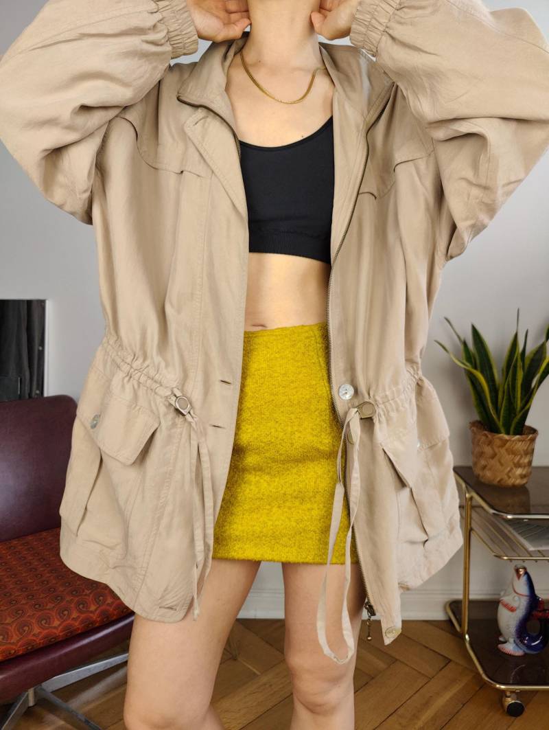 Vintage 100% Seide Bluse Blouson Parka Beige Damen Cardellino L von TheVintageTakeaway