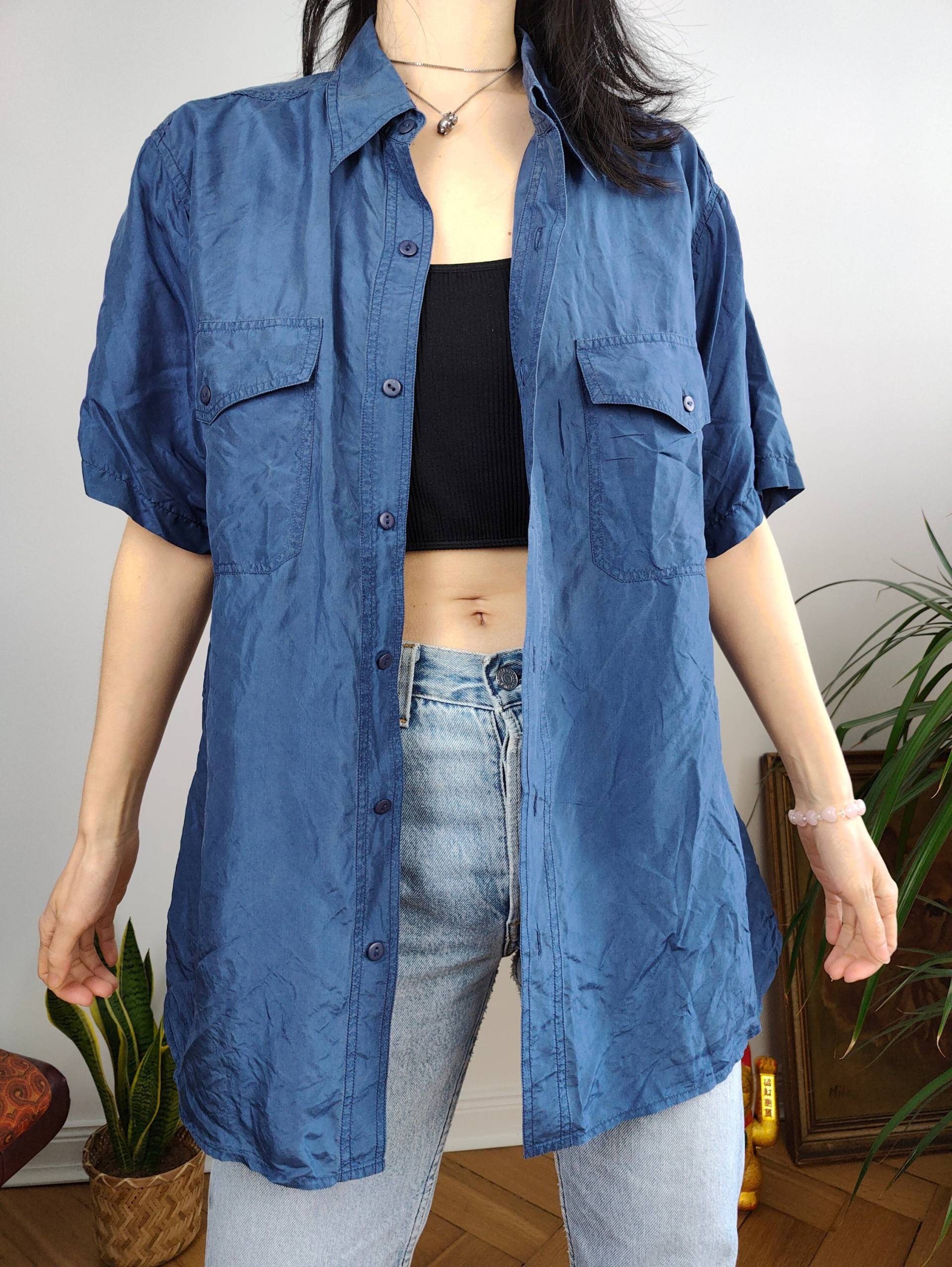 Vintage 100% Seide Hemd Bluse Blau Kurzarm Button Up Uni Damen Unisex Herren M von TheVintageTakeaway