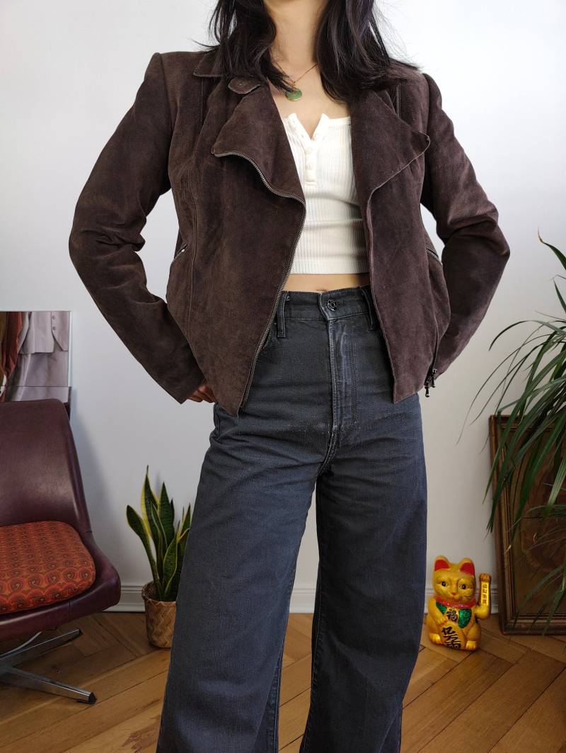 Vintage 100% Wildlederjacke Braun Kurze Crop Biker Rosalbar Valentini Italy 42 S von TheVintageTakeaway