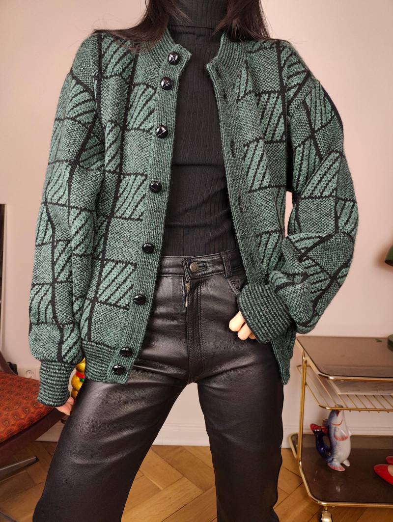 Vintage Alpaka Wolljacke M | Damen Strickjacke Mit Karomuster Grün von TheVintageTakeaway