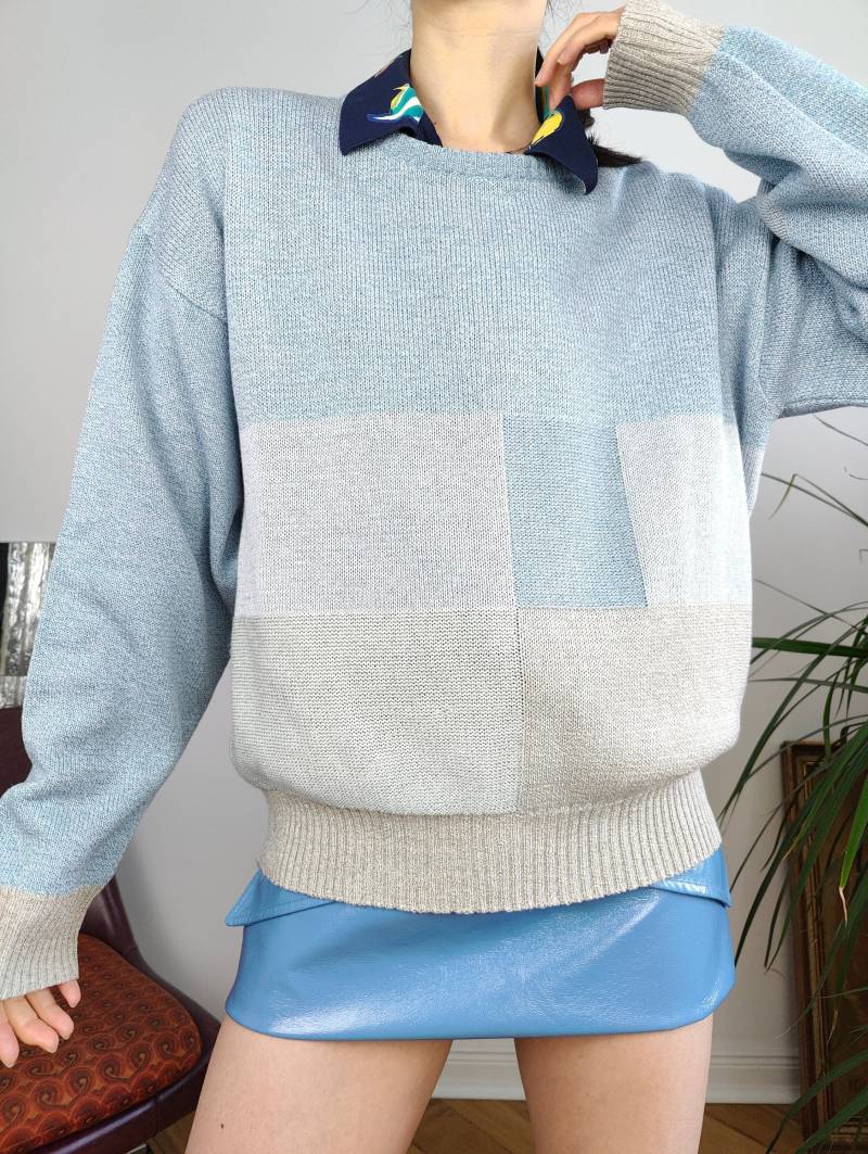 Vintage Baumwoll-Mix Blau Strick Strickpullover Blockmuster Pullover M von TheVintageTakeaway