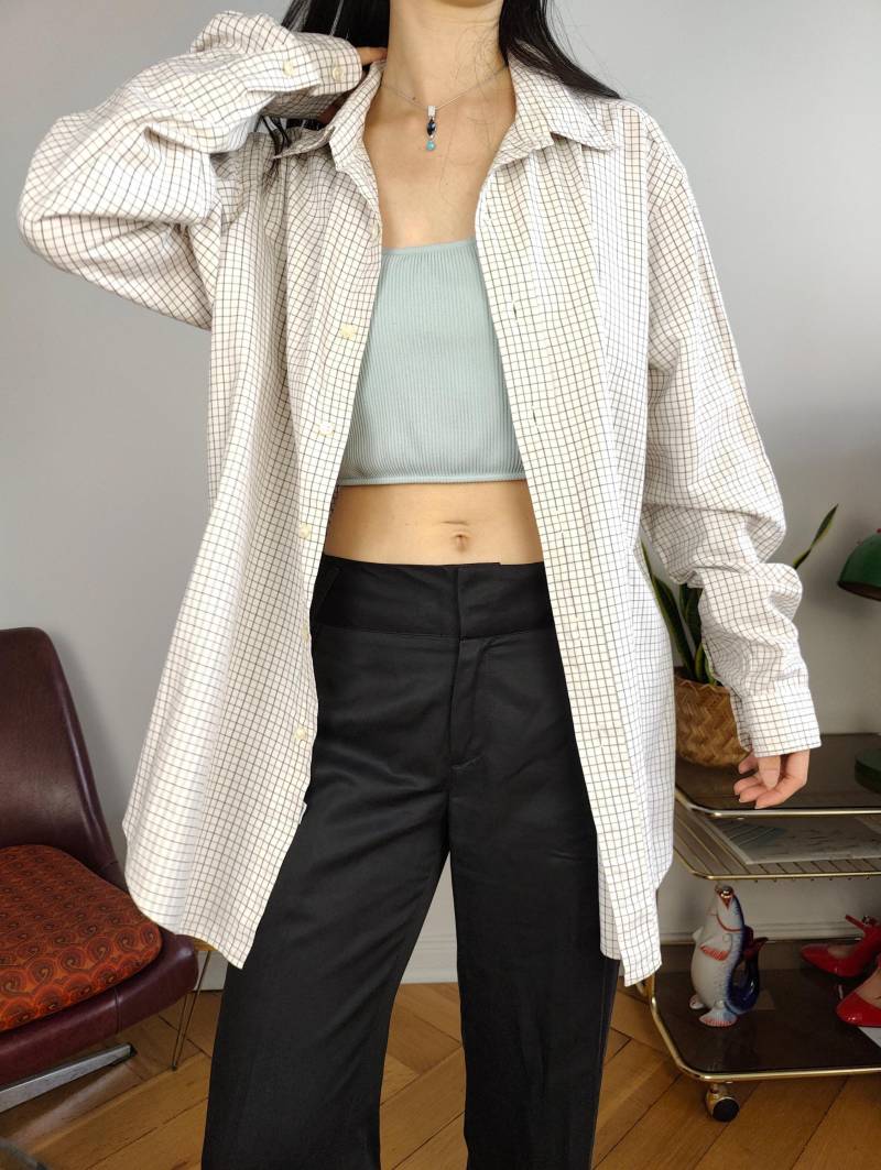 Vintage Ralph Lauren Baumwollhemd Karo Checker Weiß Button Up Langarm Unisex Männer L von TheVintageTakeaway