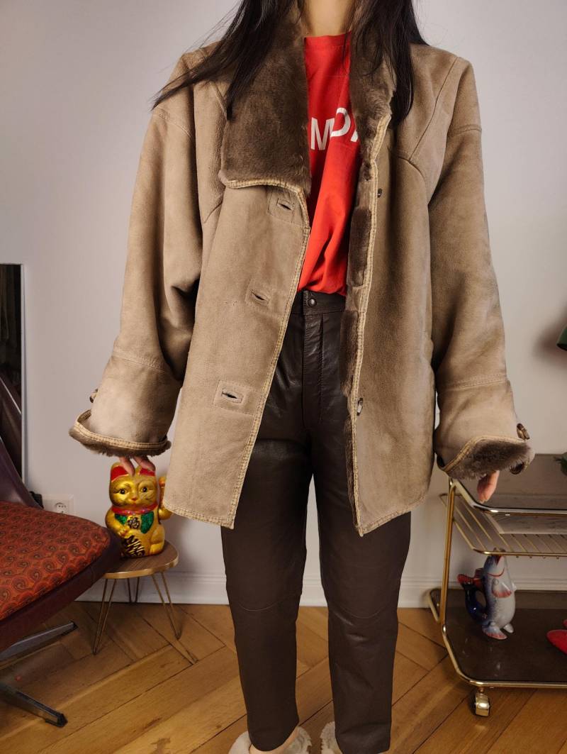 Vintage Shearling Mantel M L | Braun Kaffee Lammfell Schaffell Leder Sherpa Jacke Damen Unisex Herren von TheVintageTakeaway