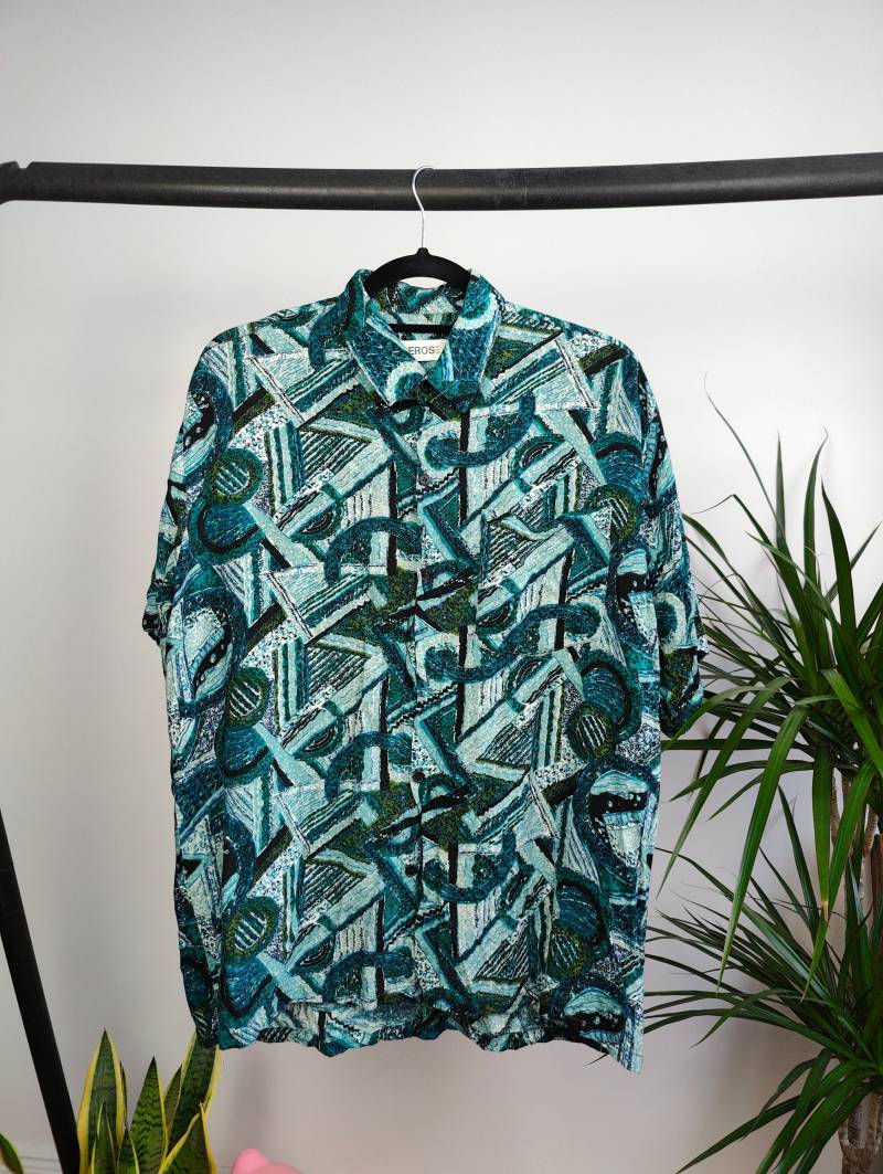 Vintage Shirt Viskose Blau Streifen Crazy Print Muster Festival Kurzarm Eros Button Up Frauen Männer Unisex L von TheVintageTakeaway