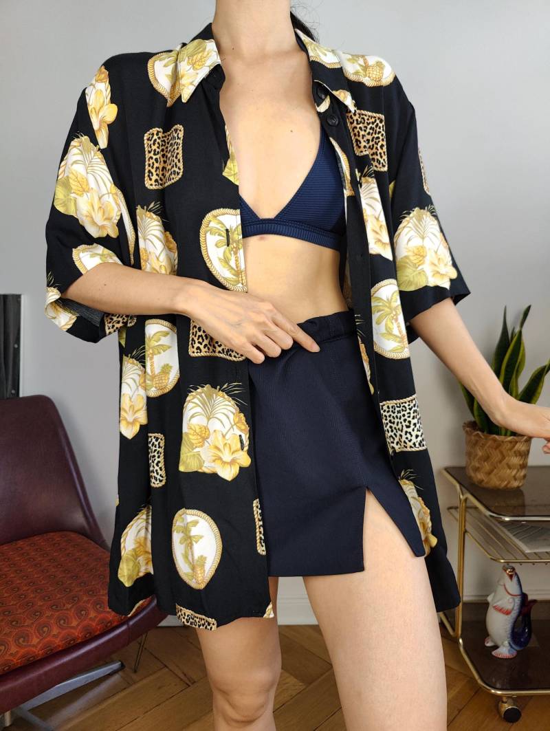 Vintage T-Shirt Druck Verrücktes Muster Schwarze Palme Ananas Tier Gewebt Männer Unisex 50 Xl von TheVintageTakeaway