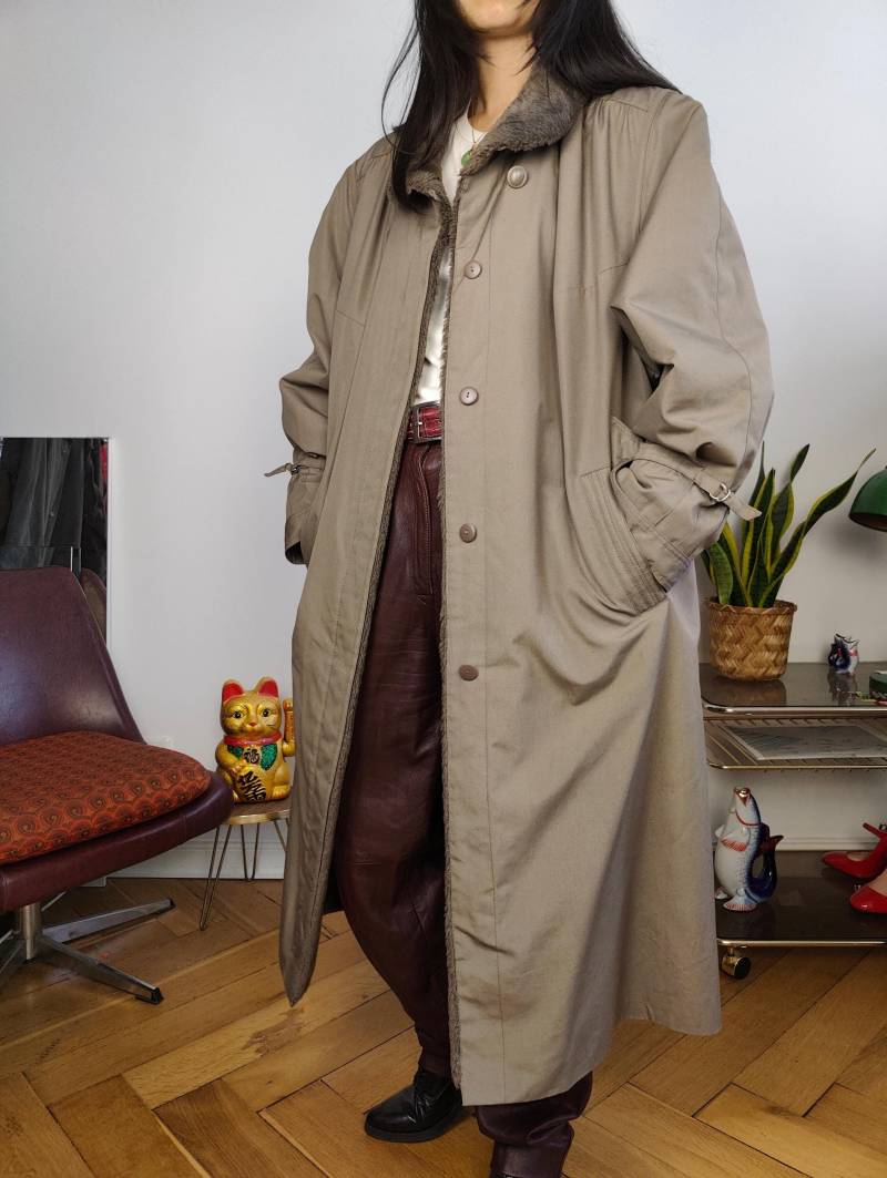 Vintage Trenchcoat L | Kunstpelz Maxi Gepolstertes Halsband Braun Gefüttert Damen Unisex Herren von TheVintageTakeaway