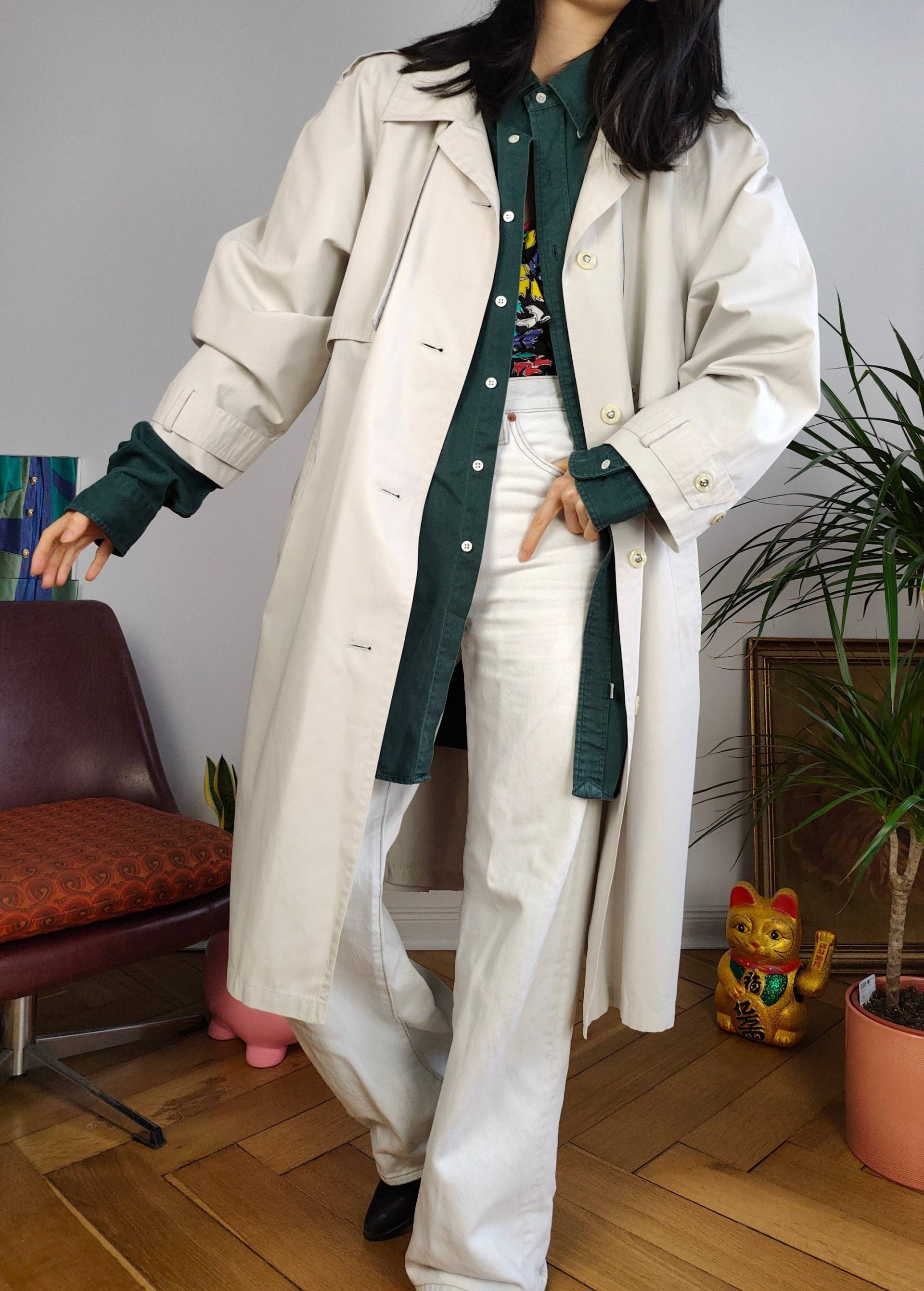 Vintage Weißer Trenchcoat Midi Lang Frühling Sommer Damen S-M von TheVintageTakeaway