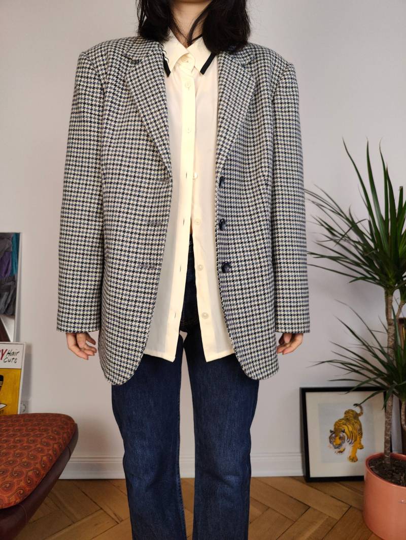 Vintage Wollmischung Blazer Blau Weiß Checker Karo Tartan Pied De Poule Hahnentritt-Jacke Damen It46 Eu M von TheVintageTakeaway