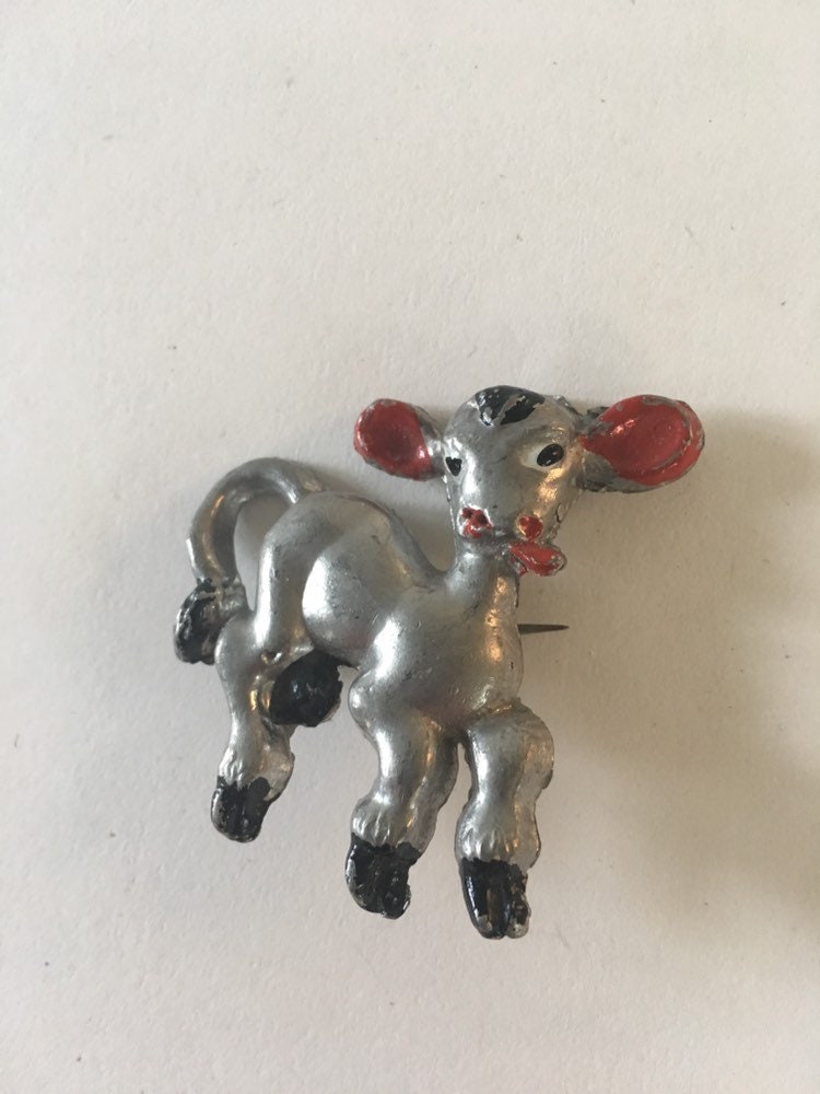 Jahrgang 1930 1940 Silber Metall Bemalt Schafe Kalb Pin Brosche von TheVintageVenusShop